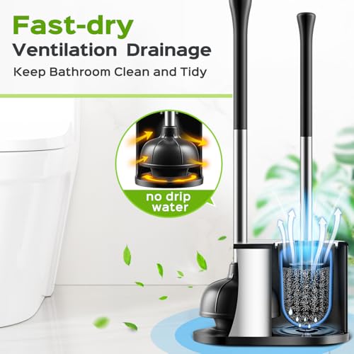 HAMITOR Stainless Steel Toilet Plunger & Brush Set A - Heavy Duty Unclogging Bathroom Tool