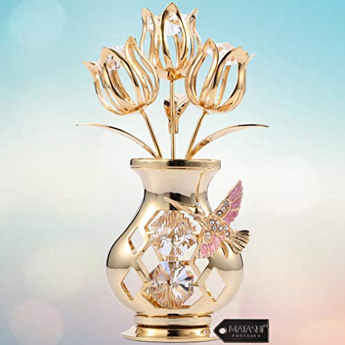 Matashi Gold-Plated Crystal Flower Bouquet Vase with Hummingbird - Valentine's Day Gift for Women
