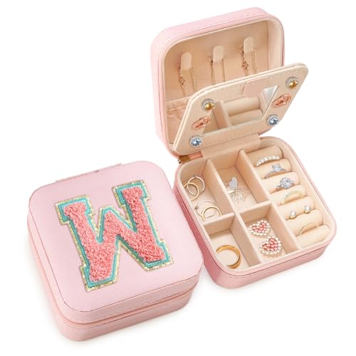 Pink Travel Jewelry Box with Initial W - Monogrammed Jewelry Organizer for Girls Women Teens