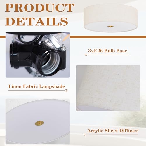 Bagood 16 Inch Gold Drum Flush Mount Ceiling Light Fixture with Fabric Shade - Dimmable Modern Living Room, Bedroom, Hallway Lighting