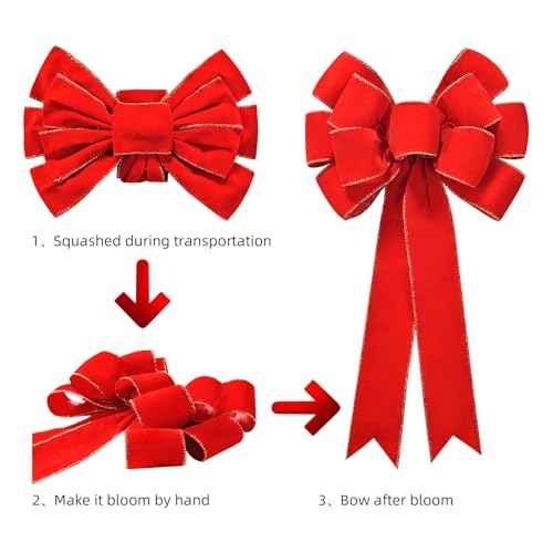 2 Pack Red Christmas Bows Outdoor Decorations,10.6x19.7 Inch Large Christmas Tree Topper Bow, Velvet Wreath Bow with Glitter Gold Edge for Xmas Home Front Door Decor,Wreaths, Gifts & Home Decor
