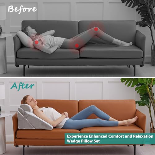 Bedluxe Adjustable Wedge Pillow Set for Post-Surgery Recovery, Orthopedic Bed Wedge, White/Grey, Includes Head Pillow & 10-in-1 Design