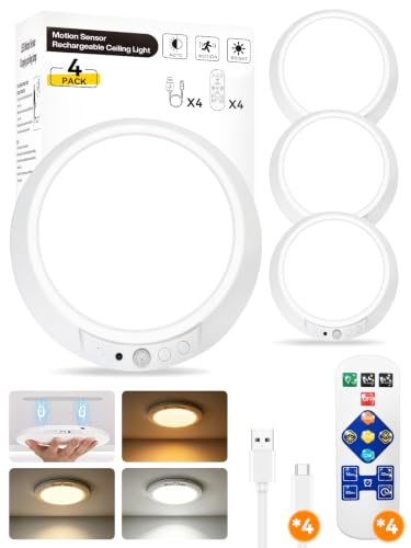 Rechargeable Ceiling Light with Remote & Motion Sensor - 4 Pack - 7.55 Inch Dimmable 3-Color LED Lamp for Closet & Shower, Magnetic, Battery Operated, Variation 4