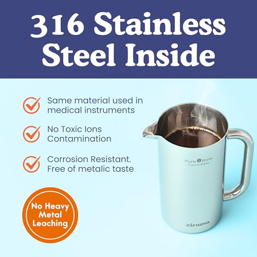 Ziruma Standard 34oz Non-Toxic Stainless Steel French Press - No Plastic, Heavy Metals