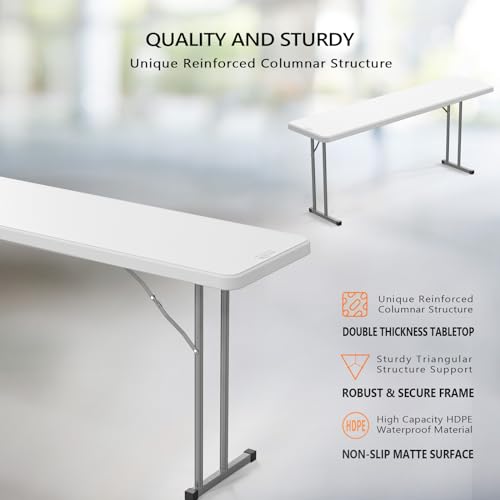 VINGLI 6ft White Narrow Folding Table - Premium HDPE & Sturdy Metal Frame