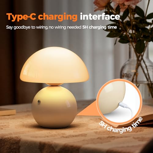 Cream Wireless Mushroom Table Lamp with 5200mAh Battery - Portable Touch Night Light