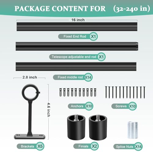 Adjustable Extra Long Curtain Rod 32-240 Inches Black Heavy Duty Metal Rod for Indoor Outdoor Room Divider