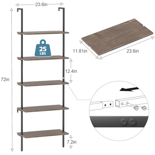 Rustic Brown 5-Tier Wall-Mounted Ladder Shelf Set - Industrial Wood Bookcase, 2PCS