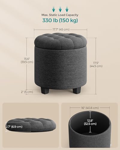 Round Storage Ottoman with Linen-Look Fabric - Dark Gray, 17.7 Inch