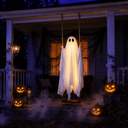 HAPPYCLUB 5ft Pre-Assembled Swing Ghost Halloween Decor Outdoor Yard with Remote Lights