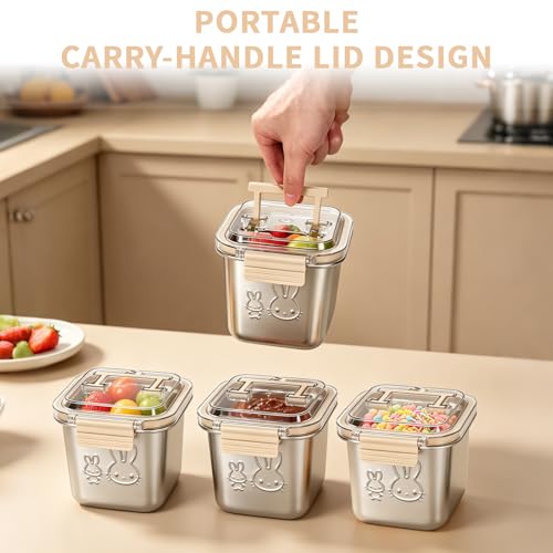 Stainless Steel Lunch Box Set with Handle Lids - 4 Pack, Leakproof, 850ml, Reusable Food Containers with Rabbit Print