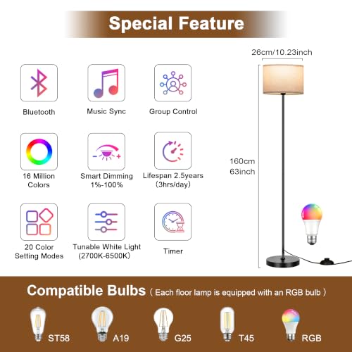 Floor Lamp for Living Room & Bedroom - Tall Standing Light with Remote, Color Changing & Dimmable Beige Shade