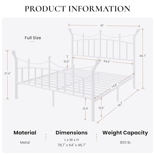 SHA CERLIN Full Size Metal Bed Frame White Victorian Crown Style No Box Spring