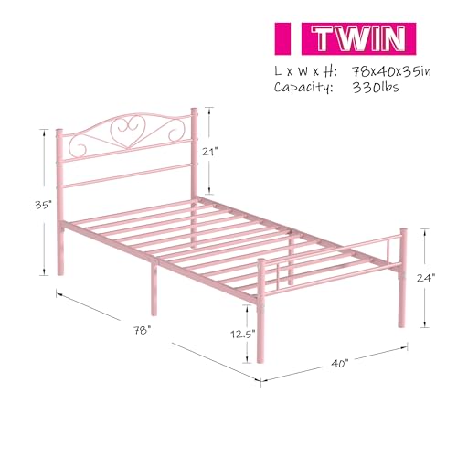 Pink Twin Size Metal Platform Bed Frame with Headboard & Footboard, Heavy Duty Support