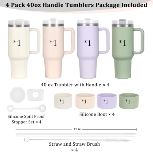 Temolulu 4 Pack 40 Oz Stainless Steel Tumbler with Handle & Lid - Cream, Purple, Green, Rose Quartz