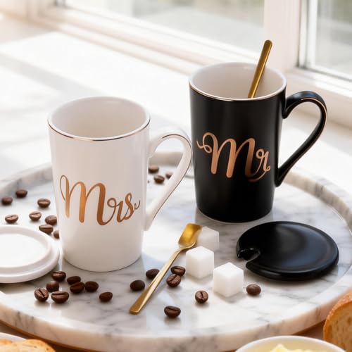 Mr and Mrs Mugs Set Printed with Gold, Wedding Engagement Gifts for