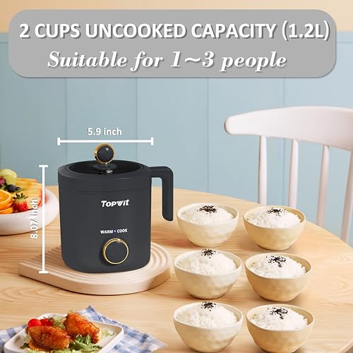 TopWit 2-Cup Mini Rice Cooker Grey, Compact Portable Food Steamer with Removable Pot