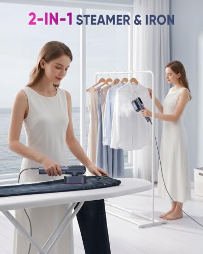Reewit Gray Blue 2-in-1 Travel Garment Steamer & Iron, 1200W Portable Handheld Clothes Steamer with Fast Heat-Up