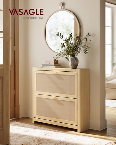 VASAGLE Boho Shoe Storage Cabinet - Slim Rattan Look Flip Drawers, Oak Beige - 9.4"D x 33.9"W x 32.9"H