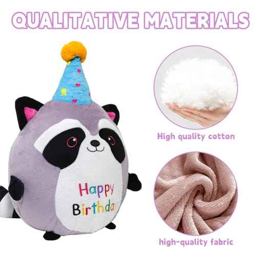 Raccoon Plush Toy 10 Inch Cute Birthday Stuffed Animal Soft Raccoon Plushies Pillow Wear Unicorn Birthday Hat Kawaii Cartoon Doll Gifts for Kid Toddlers Home Room Decoration