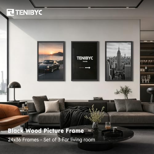 TENIBYC 24x36 Poster Frame Black Wood 3 Pack Wall Mount Picture Frames