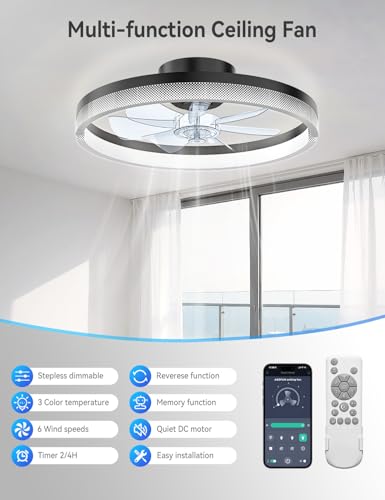 AKOFUN 18'' Black Dots Ceiling Fan with Lights & Remote, Dimmable LED, Low Profile Flush Mount