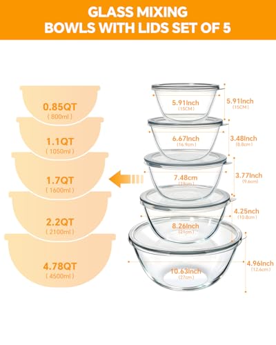 Glass Mixing Bowls with Lids Set of 5 - Transparent - Nesting Kitchen Bowls for Baking Cooking Storage