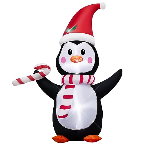 AJY 4FT Inflatable Christmas Penguin with Candy Cane & LED Lights - Holiday Yard Decor