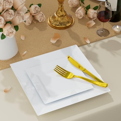 White Square Disposable Plastic Plates 100 Pack - Food Grade, Heavy Duty, Party Use