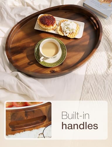 Tidita Walnut Acacia Oval Wooden Serving Tray with Handles 16.5x13 inches