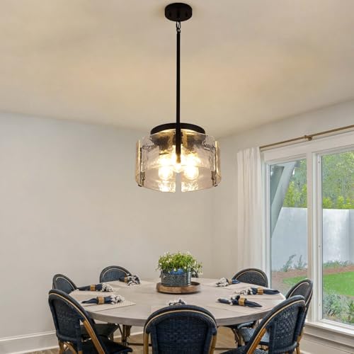 3-Light Black Modern Farmhouse Chandelier for Dining Room & Entryway - Adjustable Glass Pendant Lights