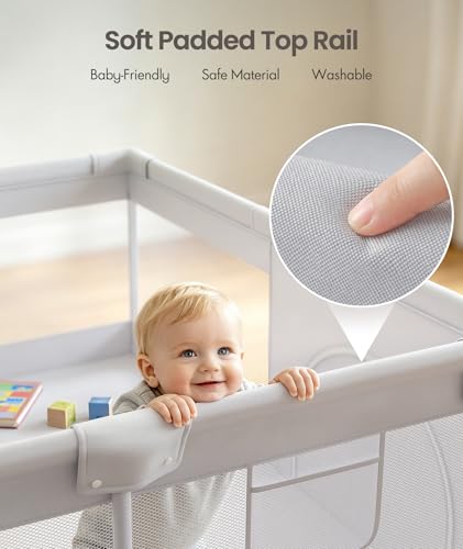 Fodoss Baby Playpen 47x47in with Door - Light Grey, Safe & Easy Setup