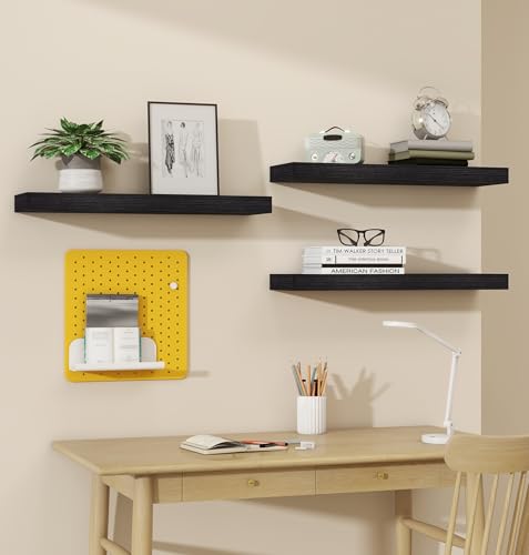 Black Rustic Floating Wall Shelves 24 Inch Set of 3 - Stylish & Stable Storage