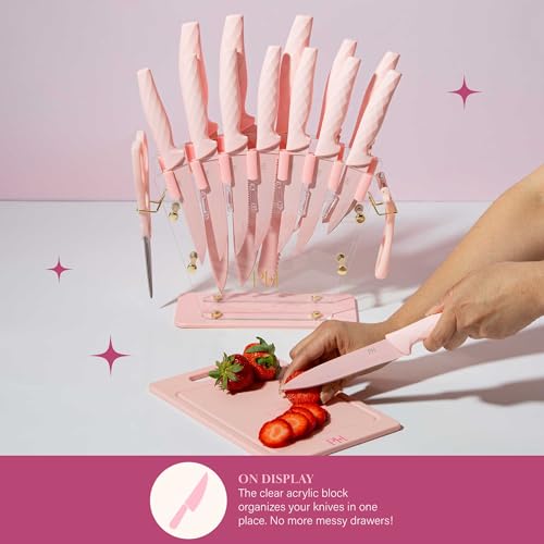Pink Paris Hilton 16-Piece Knife Block Set with Fan Style Acrylic Organizer & Stainless Steel Blades