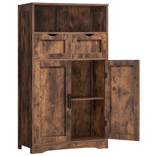 Iwell Rustic Brown Bathroom Storage Cabinet with 2 Drawers and Adjustable Shelves