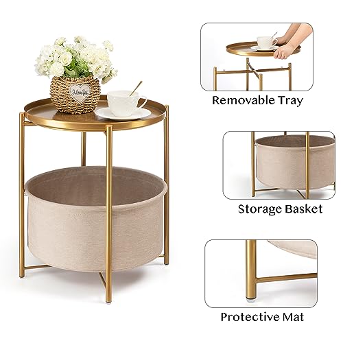 Gold Side Table with Removable Fabric Storage Basket - Pack of 2 - Modern Accent End Tables