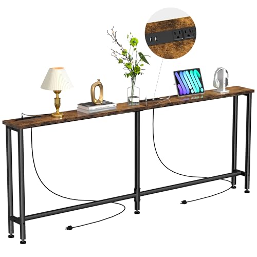 Narrow Sofa Table with Power Outlets & USB Ports - Rustic Brown, 90 inch