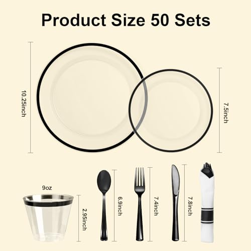BESTSTAR Black and Clear Disposable Plastic Plate Set for 50 Guests - 350 Pieces