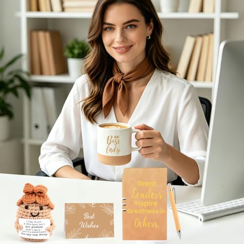 Boss Lady Mug Gift Set - 12oz Ceramic Coffee Cup with Sock, Journal & Card