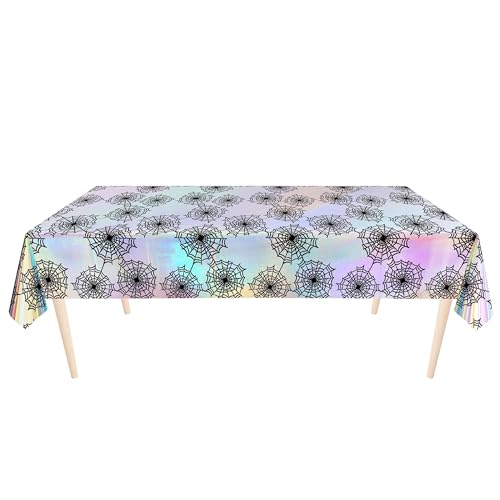 Cheerland Spiderweb Tablecloth Iridescent Holographic Foil Table Cover Halloween Decorations Disposable Plastic Cloth for Ghoul Birthday Bridal Shower Spooky Gothic Christmas Party Supplies 2pcs