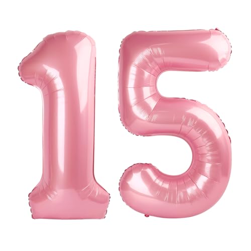 Pearlescent Pink Number 15 Balloons 40 inch, 15 Number Balloons, 15th Birthday Decorations for Girls 15 Year Old Pastel Pink Party Supplies