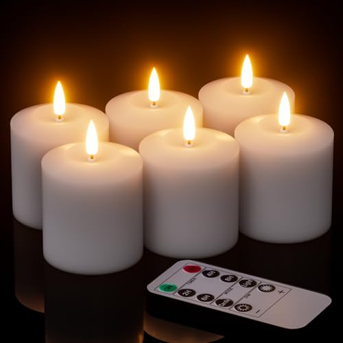 GenSwin C-White-6 Flameless Wax Votive Candles with Remote Timer, 3D Flickering Light