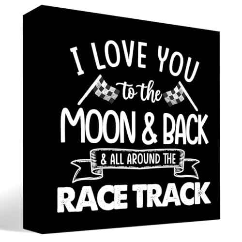z-crange I Love You To The Moon And Back Black Wood Box Sign Desk Decor,Farmhouse Racing Checkered Flags Box Block Sign for Home Boys Room Shelf Table Decor Decorations¡¦