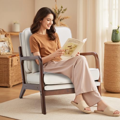 DUMOS Linen Beige Mid Century Modern Accent Chair with 16'' Seat - Cozy Lounge Seating