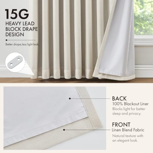 MIULEE Blackout Linen Curtains 2 Panels 50"W x 108"L Natural Pinch Pleated