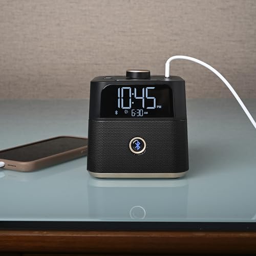 Black CubieBlue Alarm Clock Charger with Bluetooth Speaker, 2 USB & Tamper-Resistant Sockets