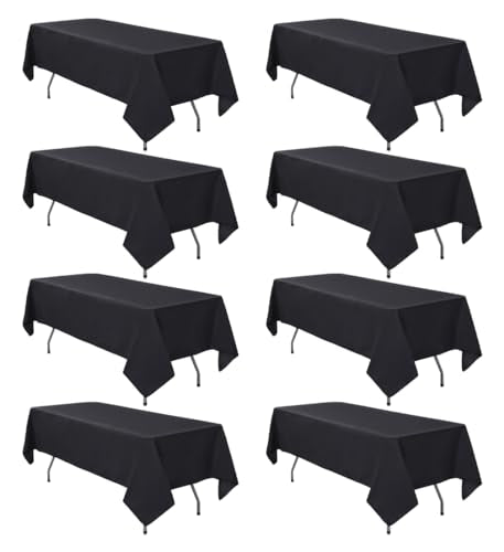Black Tablecloth 8 Pack - 60 x 102 Inch Polyester Rectangular Cover for 6ft Tables - Wrinkle Resistant & Washable