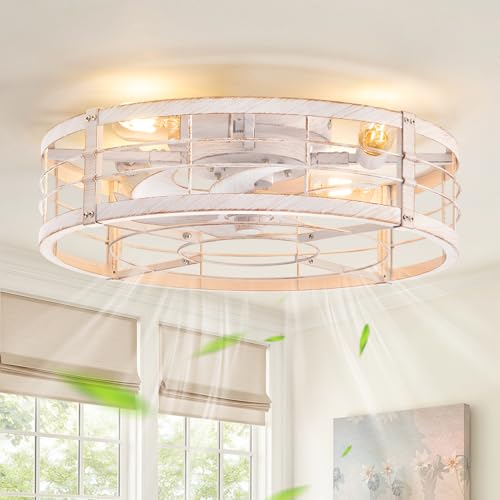 LEDIARY 20" White Gold Caged Low Profile Ceiling Fan with Light and
