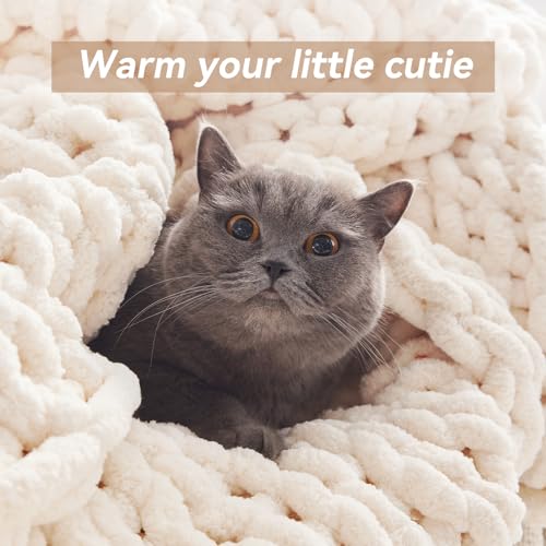 Cream White Chunky Knit Throw Blanket 50x60 Inches - Soft Chenille Wool