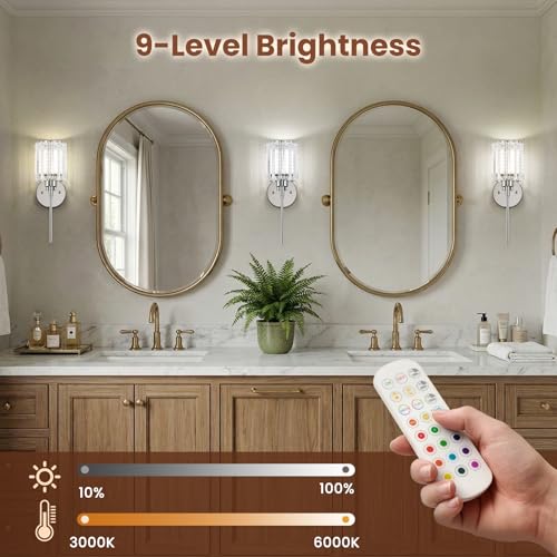 2-Pack Chrome Wireless Crystal Wall Sconces with Dimmable Bulbs, Remote & 12 Colors